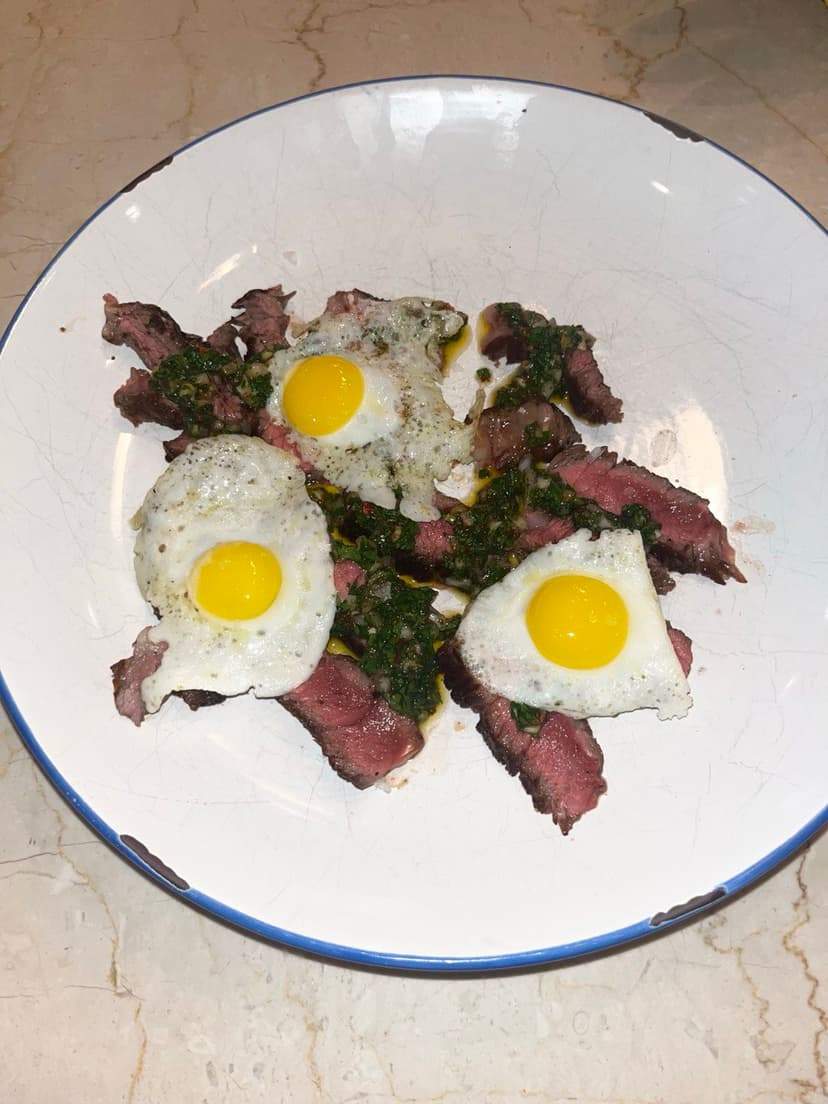 Steak, Chimichurri, Quail Eggs